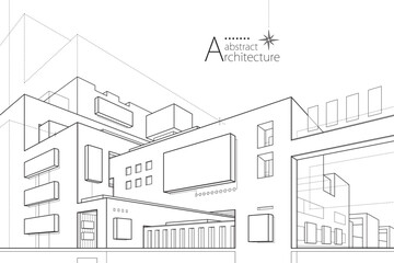 3D abstract urban architecture outlined in black and white, showcasing imaginative construction and perspective.