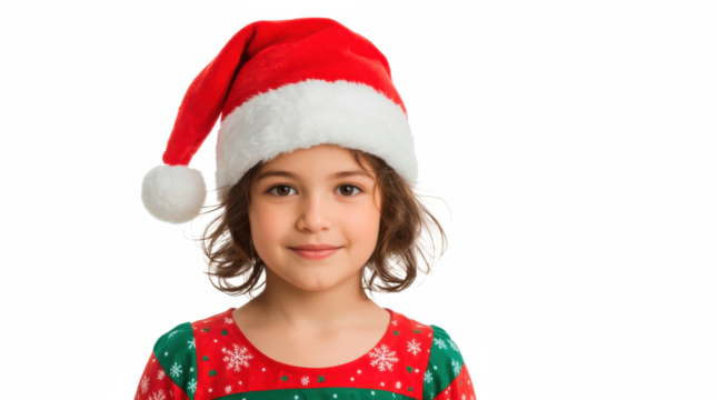 Cute girl wearing Santa hat and holiday dress on transparent png background - Powered by Adobe