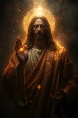 Jesus Christ radiating divine light, a dramatic digital artwork