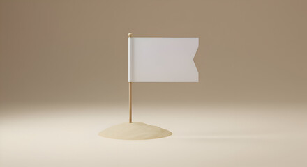 Empty white flag on a wooden stick in a small pile of beige sand on a neutral background. Blank template for promotional use. Design mock-up for marketing purposes. studio shot.