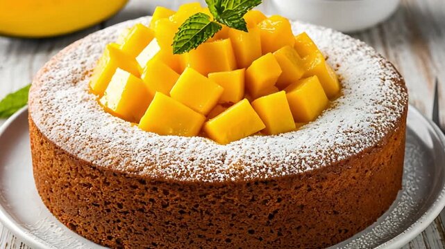 A delicious mango cake topped with fresh mango cubes and mint leaves. The cake is golden brown and served on a white plate with a wooden background.