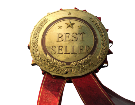 Angled 3D Perspective of Best Seller Ribbon Badge, Golden and Red, Transparent Vector