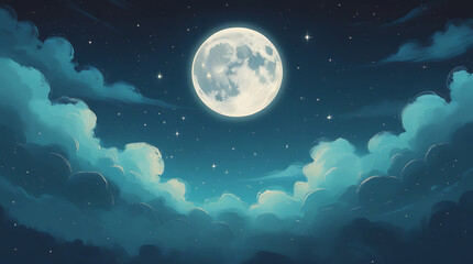 Mystical full moon shining through wispy clouds in a starry night sky