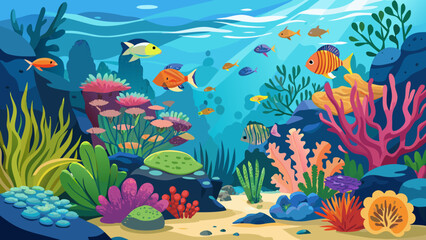 Naklejka premium Vector art of colorful underwater scene showcasing vibrant coral reefs, diverse fish species, and sunlit waters, depicting a thriving marine ecosystem illustration