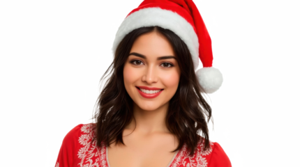 Woman in red Christmas dress and Santa hat on transparent png background