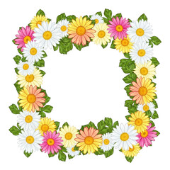 Obraz premium Square floral wreath with daisies and green leaves isolated on transparent background