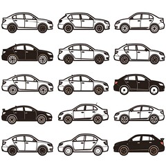 Twelve car illustrations, varying in color and style