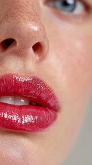 Naklejka premium photorealist split lips portrait: left ultra-thin dehydrated, right plump post-hyaluronic acid, same natural pale lip shade, no makeup