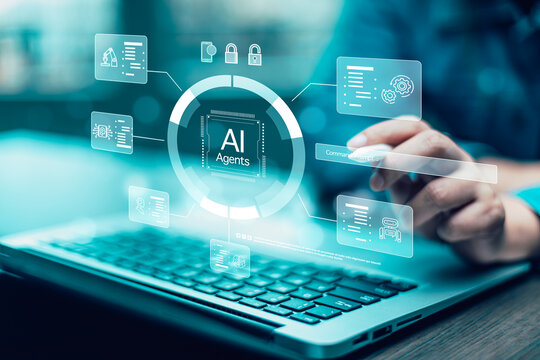 AI Agents and  software interface concept,virtual assistant for customer service, futuristic smart automation with  AI assistant for graphic design, translation and chatbot.