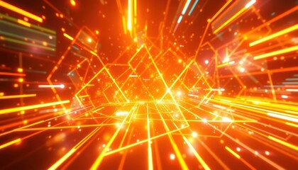 Naklejka premium Abstract glowing orange grid and lines create a futuristic digital tunnel, symbolizing data, speed, and technology. Ideal for backgrounds, business, or science concepts.