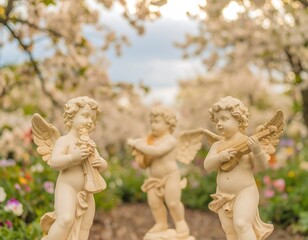Obraz premium Three cherubs playing instruments in a spring garden