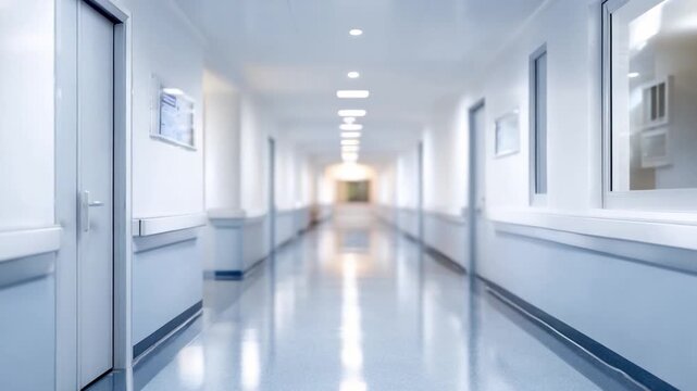 Hospital Corridor: A long, empty hallway of a hospital evokes a sense of calmness and professional, featuring a clean and modern design, creating a perspective that invites the viewer forward. 