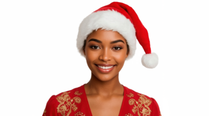 Young African American woman wearing festive dress and Santa hat on transparent png background