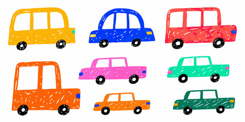 Assortment of Seven Hand Drawn Colorful Cars and Buses vehicles transportation