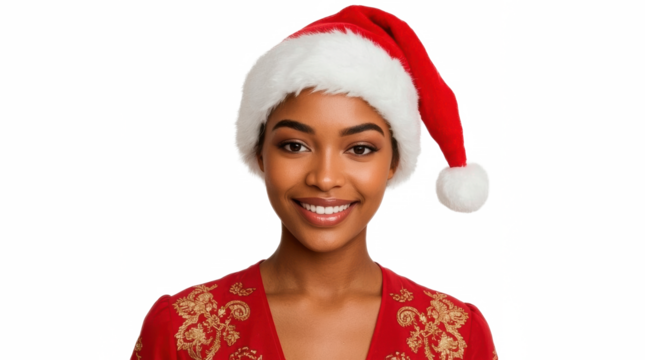 Young African American woman wearing festive dress and Santa hat on transparent png background - Powered by Adobe
