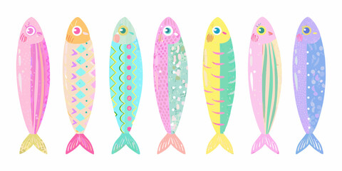 Collection of Eight Whimsical Fish with Textured Pastel Patterns illustration colorful