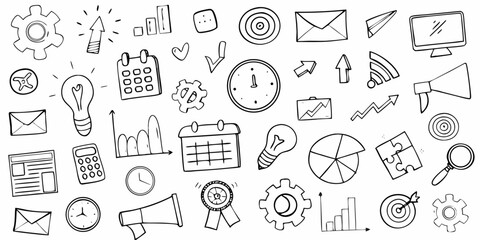 Collection of hand-drawn business and finance doodle icons symbol