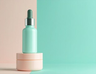Coral to mint pastel scene with unbranded serum dropper and round jar, minimalist beauty composition with right copy space