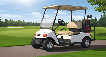 White golf cart with beige seating, parked on a paved path on a golf course. A golf bag is mounted on the cart, facing the camera, on a sunny day.