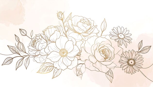 Delicate floral design featuring roses, daisies, and foliage in elegant gold line art against a soft, watercolor background.