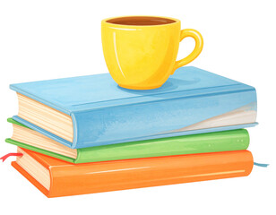 Fototapeta premium Angled Stack of Colorful Books with Yellow Coffee Mug, Casual Reading Scene, Transparent Background