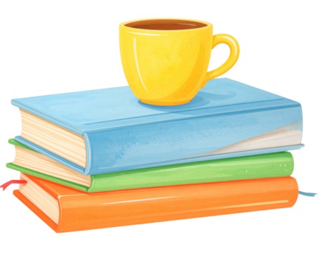 Angled Stack of Colorful Books with Yellow Coffee Mug, Casual Reading Scene, Transparent Background - Powered by Adobe