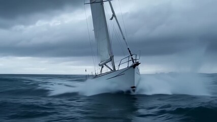 White sailboat navigating choppy, gray seas under a stormy sky