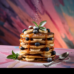 Delicious Stack of Pancakes with Caramel Banana and Blueberries Sprinkled with Powdered Sugar