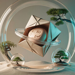 Conceptual still life with a smiley face in origami packaging inside glass orb container