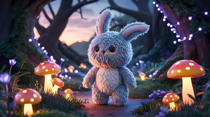 Enchanted Forest with Adorable Plush Bunny and Glowing Mushrooms a Whimsical Fantasy Scene