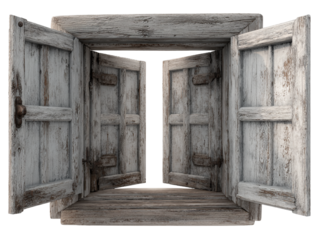 Rustic wooden window with open shutters isolated on white background