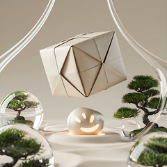 Minimalist Still Life featuring Origami Box Smiling Stone and Bonsai Trees for Zen Aesthetics