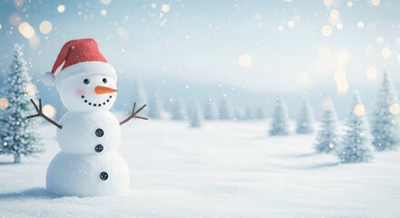 A cheerful snowman, adorned with a festive red hat, stands amidst a serene snowy landscape, embodying winter's charm and holiday spirit with a smile