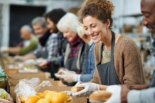 Woman volunteer serves meals at community center during food distribution event assisting families in need