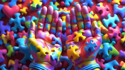 Obraz premium Colorful Hands Holding Puzzle Pieces: Autism Awareness