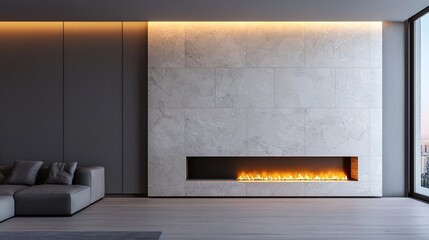 A modern living room features a sleek stone fireplace with a linear flame, complemented by minimalist furniture and large windows offering a view.