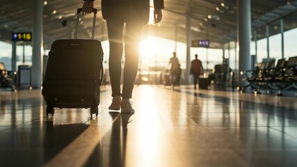 Silhouette of a person with a suitcase walking through an airport terminal at sunset, with sun flare and lens effect - Powered by Adobe