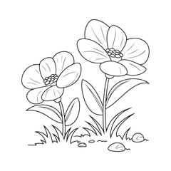 Two Beautiful Flowers with Leaves and Grass - Nature Coloring Page for Kids