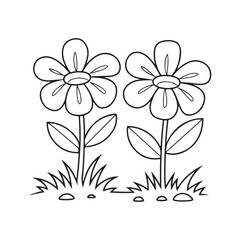 Pair of Simple and Cute Flowers Growing in the Grass Coloring Page