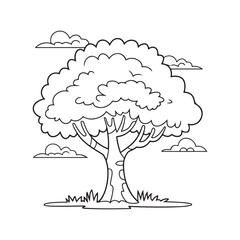A Big and Fluffy Tree with Clouds - Simple Nature Scene for Kids Coloring Page