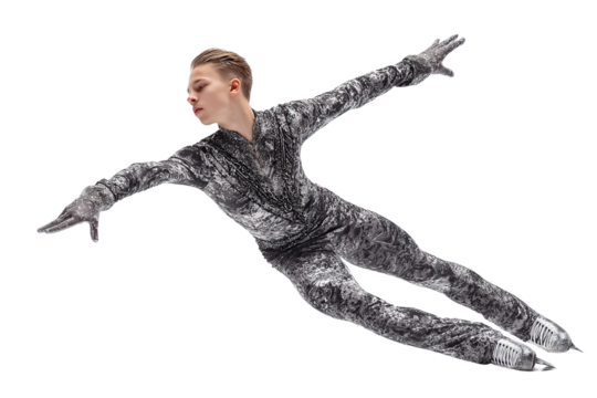 A male figure skater in a dynamic pose, wearing a sparkly suit.