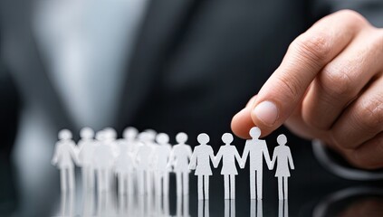 A hand selecting a figure from a line of paper cut-outs