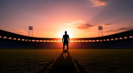 Silhouette of a Football Player Standing Alone on the Field at Sunset