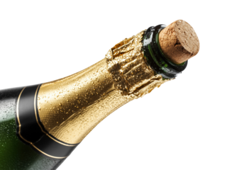 Close-up of champagne bottle neck with golden foil wrapping and natural cork isolated on transparent background