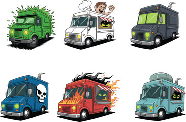 Colorful cartoon Halloween food trucks with spooky faces, skulls, fire, slime, chef characters, horror elements, and fun monster design