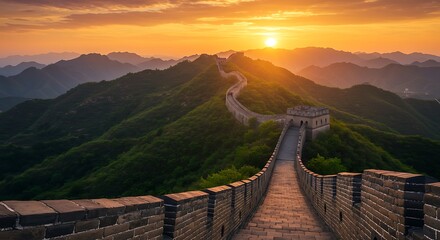 Great wall of china stretches across mountainous terrain during vibrant sunset, showcasing ancient architecture and natural beauty in serene atmosphere.