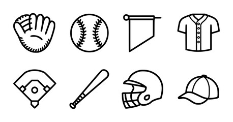Baseball Equipment Icons Including Glove Ball Bat Helmet Cap Field And Jersey On White Background