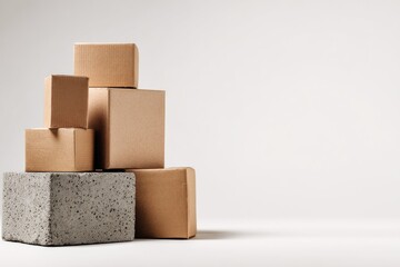 Obraz premium Cardboard boxes stacked on gray concrete blocks