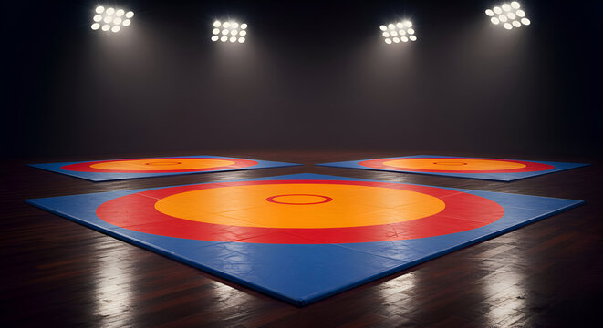 Wrestling mats in a dark arena with spotlights. Empty wrestling mats ready for competition in a professional wrestling venue.