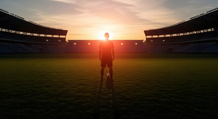 Fototapeta premium Silhouette of a Soccer Player Standing Alone on a Football Field at Sunset